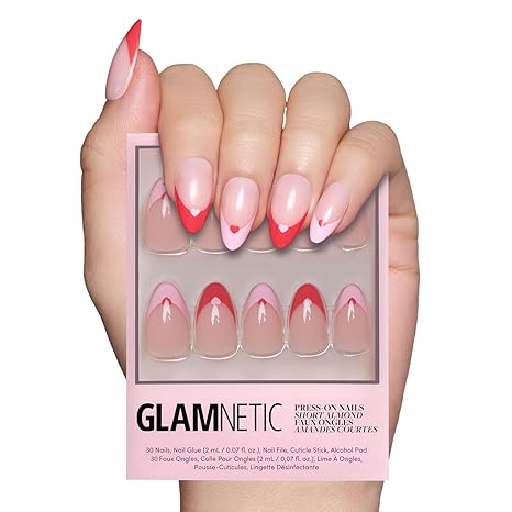 Glamnetic Press On Nails - Pure Hearted | Short Almond Nails with Heart Accents, Reusable Stick On Fake Nails with Glue | Love In Bloom Valentine’s Nails | 15 Sizes - 30 Nail Kit with Glue