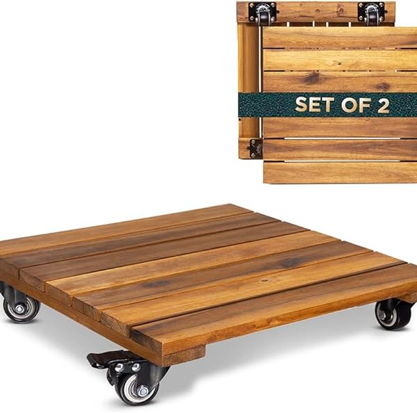 Idzo 2-Pack 14 Inch Wood Plant Caddy with Wheels Heavy Duty, 264 lbs Acacia Hardwood Plant Caster Dolly Rolling Stand with 360° Lockable Wheels for Heavy Plant Pots and Outdoor Use