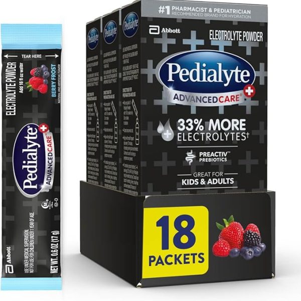 Pedialyte AdvancedCare Plus Electrolyte Powder, Has 33% More Electrolytes and PreActiv Prebiotics, Berry Frost, 18 Powder Packets