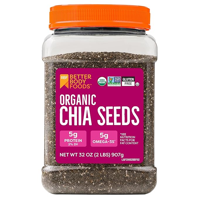 BetterBody Foods Organic Chia Seeds 2 lbs, 32 Oz, with Omega-3, Non-GMO, Gluten Free, Keto Diet Friendly, Vegan, Good Source of Fiber