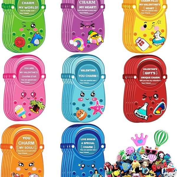 JX Valentines Day Cards for Kids School Classroom, 48 pcs Valentine's Cards with 96 Shoe Charms for kids boys girls,Valentine Exchange Gift Party Favors