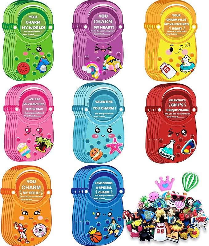 JX Valentines Day Cards for Kids School Classroom, 48 pcs Valentine's Cards with 96 Shoe Charms for kids boys girls,Valentine Exchange Gift Party Favors