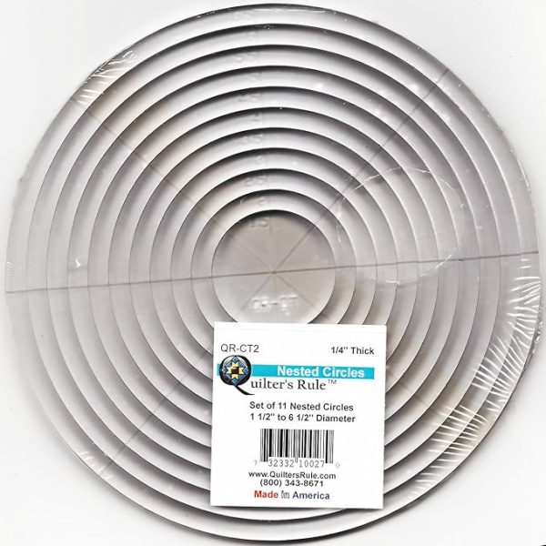 Quilter's Rule Nested Circles Template SET of 11 Nested Rings: Quarter-inch Thick Acrylic in Sizes 1.5 Inches Through 6.5 Inches