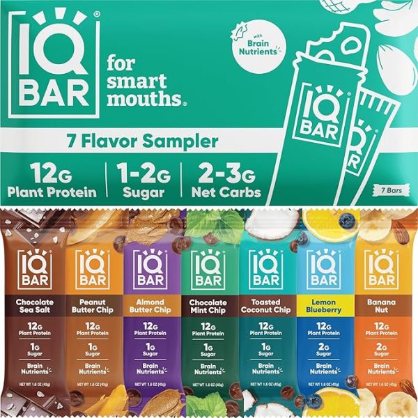IQBAR Brain and Body Plant Protein Bars - 7 Bar Sampler Pack - Gluten Free, High Fiber, Vegan Snacks - Low Sugar Meal Replacement