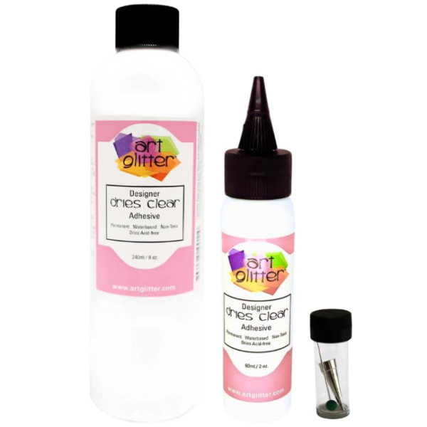 Art Institute Glitter Designer Dries Clear Adhesive Clear Glue Kit Bundle-3 Items 8oz,2oz and Metal Tip, Multicolored