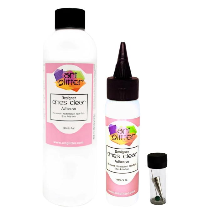 Art Institute Glitter Designer Dries Clear Adhesive Clear Glue Kit Bundle-3 Items 8oz,2oz and Metal Tip, Multicolored